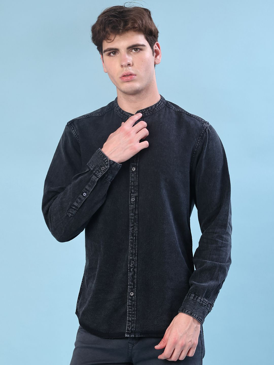 V-Mart Faded Mandarin Collar Slim Fit Denim Shirt