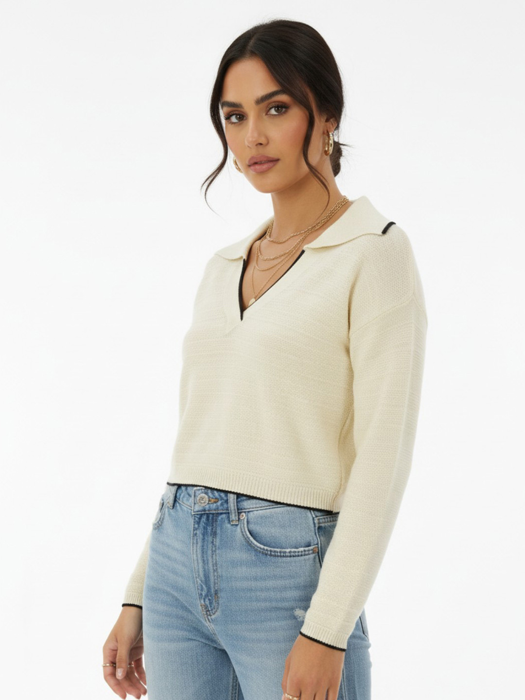 glitchez Self-Striped Contrast Piping Collar Pullover