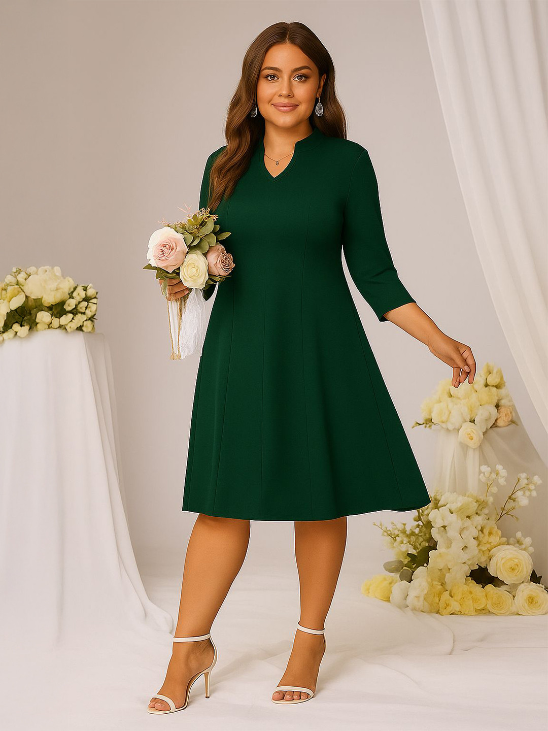 AMEEZA Women Regular Sleeves Plus Size Crepe A-Line Dress