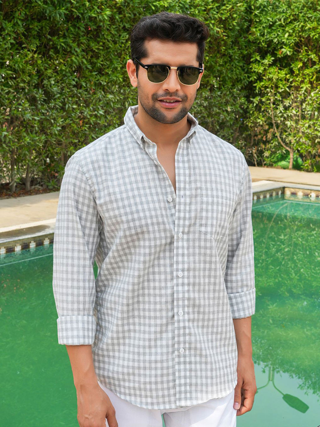 PERCH Slim Fit Gingham Checked Long Sleeves Linen Cotton Shirt