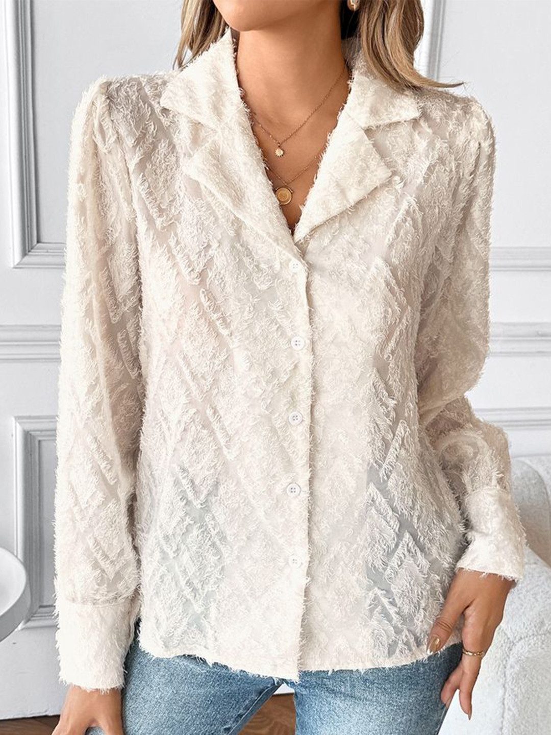 LULU & SKY Textured Semi Sheer Spread Collar Shirt