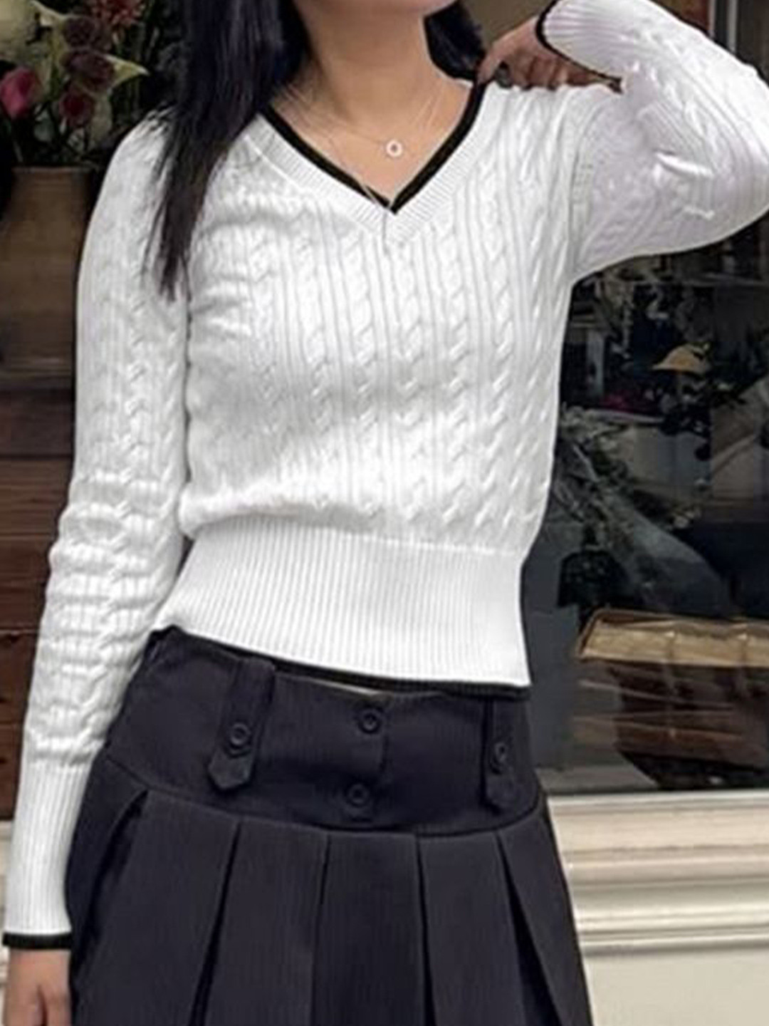 LULU & SKY Women Cable Knit V-Neck Pullover Sweaters