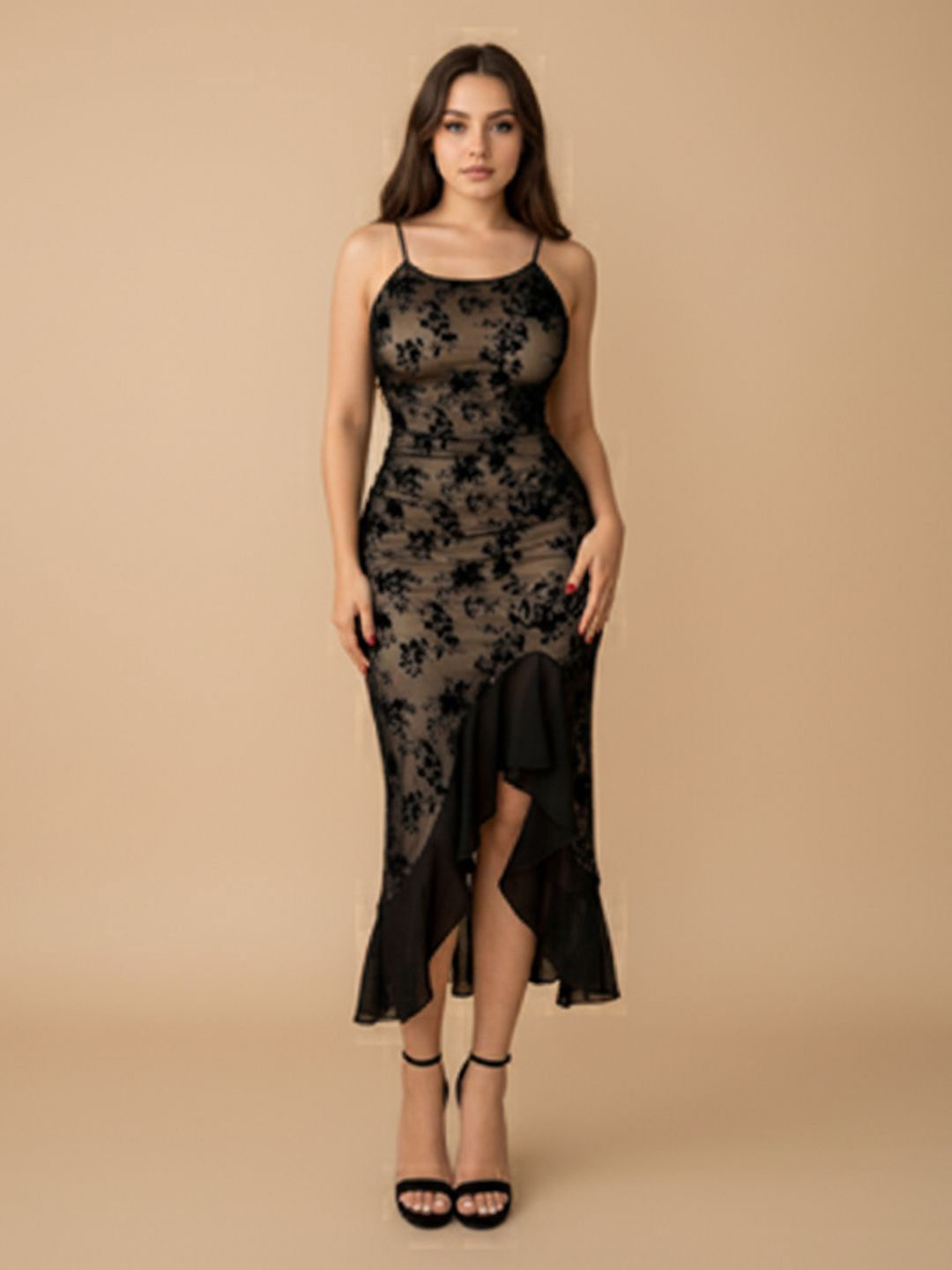 bebe Floral Shoulder Straps Ruffled Lace Bodycon Midi Dress