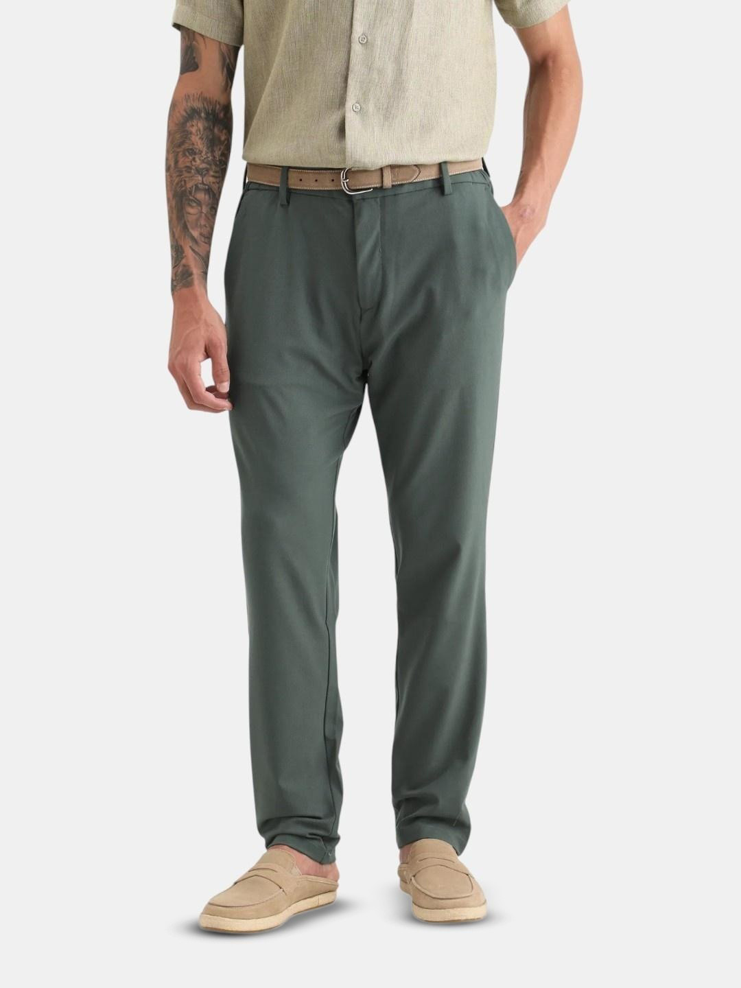 RARE RABBIT Men Regular Fit Flat-Front Mid-Rise Easy Wash Trousers