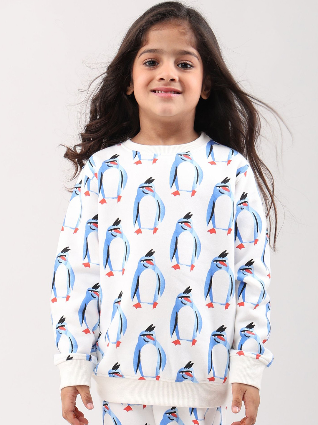 Anthrilo Girls Off White Penguin Printed Fleece Sweatshirt