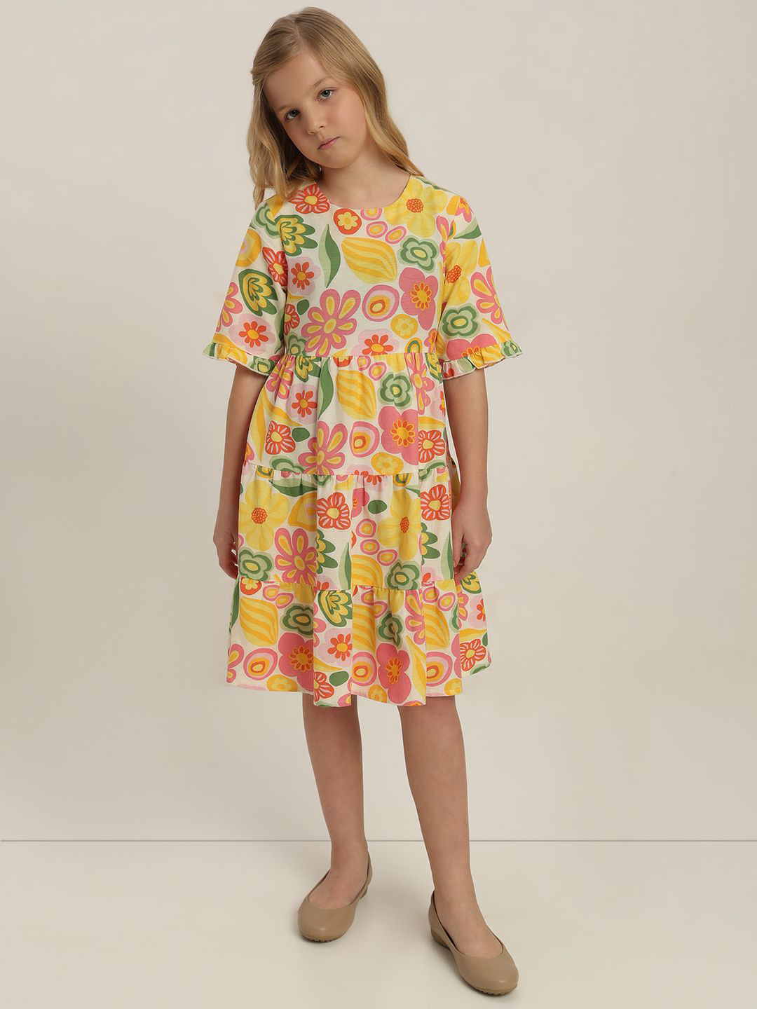 Vero Moda Girls Floral Printed Round Neck Short Sleeves Fit & Flare Dress