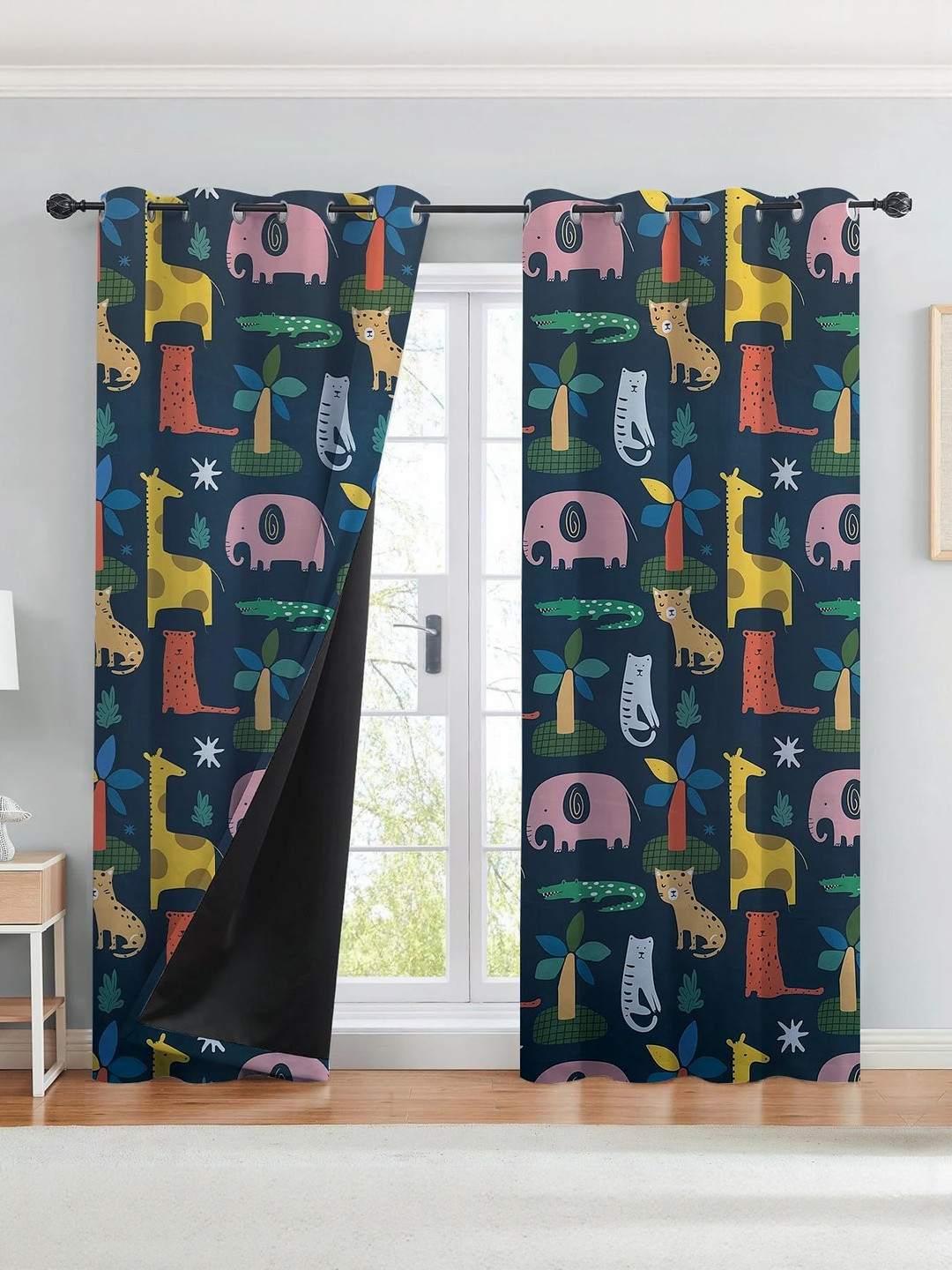 BFAM Blue & Yellow 2 Pieces Printed Black Out Long Door Curtain