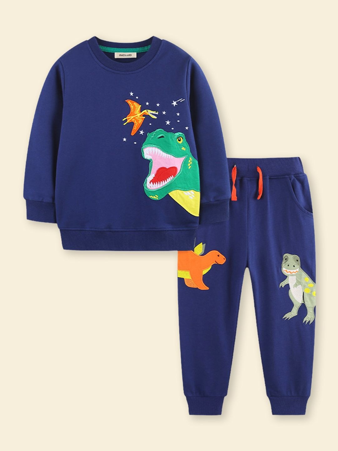 INCLUD Boys Navy Blue Dinosaur Embroidered Sweatshirt With Jogger Sets
