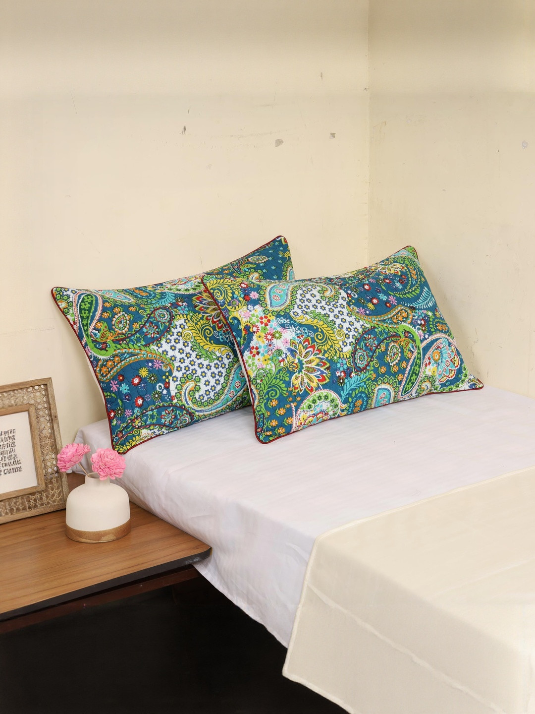 DECOWAT Blue Self Design Pure Cotton 2 Pieces Rectangle Pillow Covers