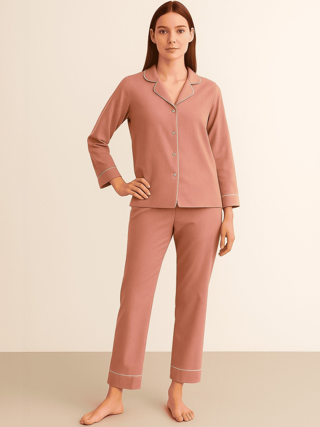 HOUSE OF S Women Self Design Lapel Collar Shirt & Pyjamas