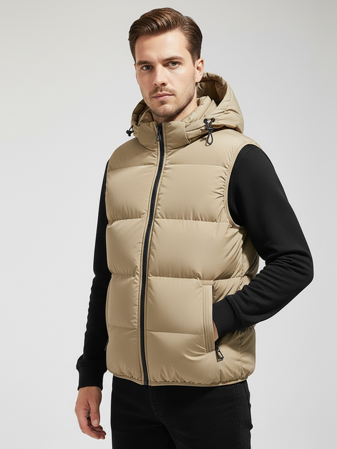 Mast & Harbour Men Hooded Khaki Long Sleeves Regular Zip Detail Quilted Jacket