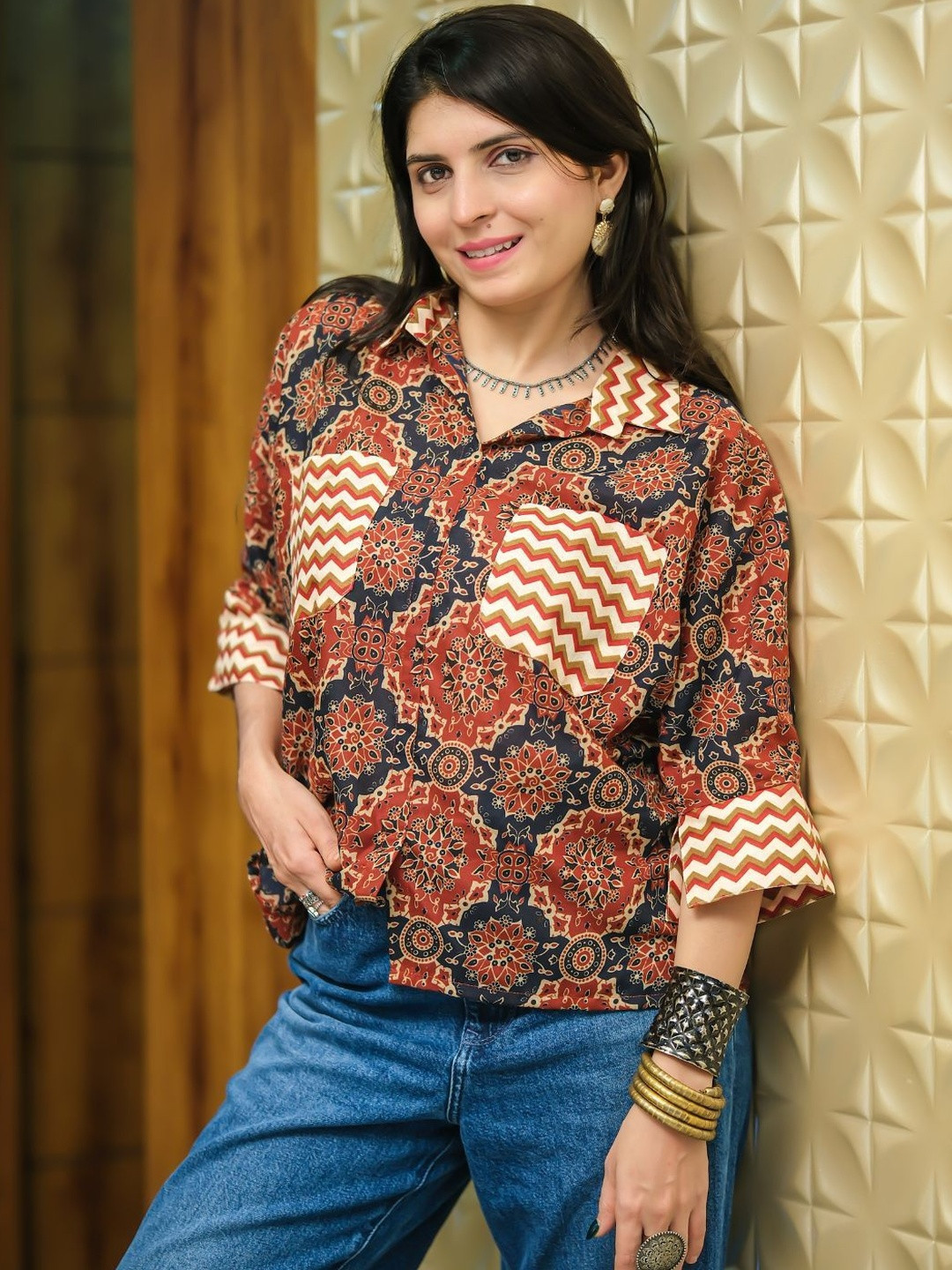 Youthnic Women Ajrak Printed Shirt Collar Slit Sleeves Opaque Shirt Style Top