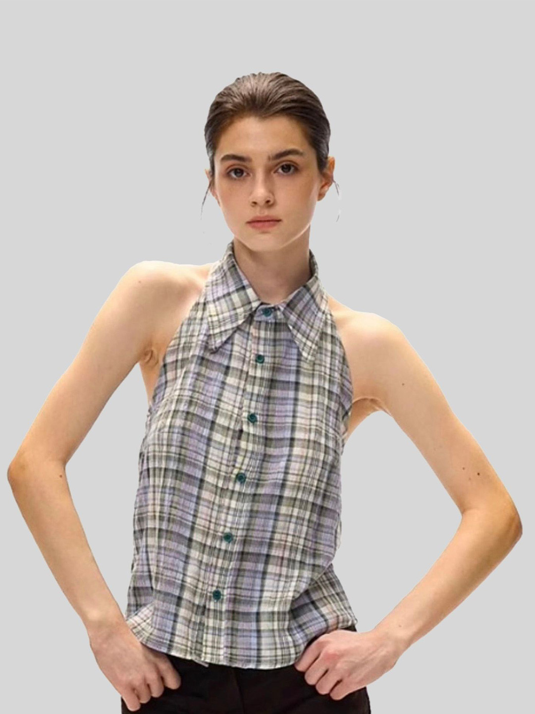 LULU & SKY Checked Halter Neck Collar Sleeveless Shirt