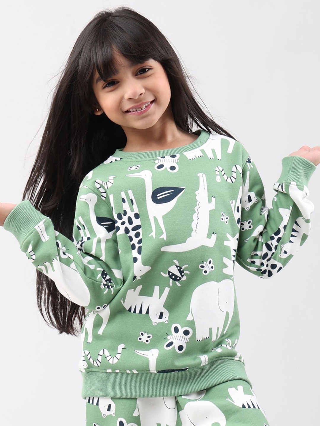 Anthrilo Girls Green Animal Printed Fleece Sweatshirt