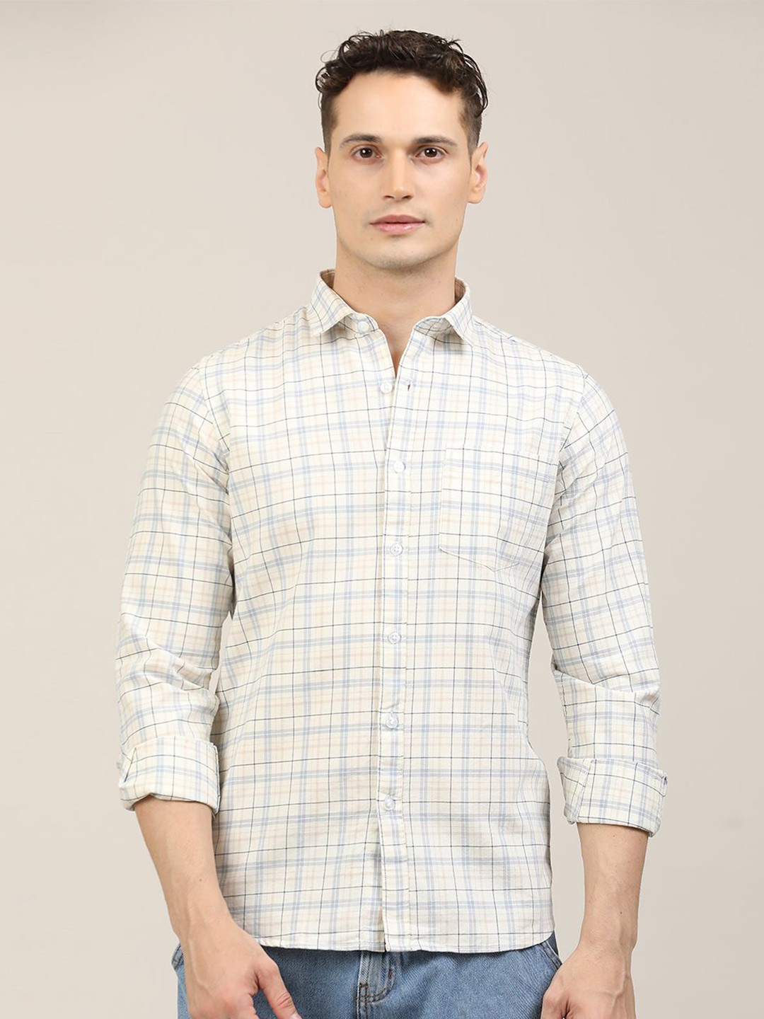 BLVNK Windowpane Checks Checked Spread Collar Cotton Shirt