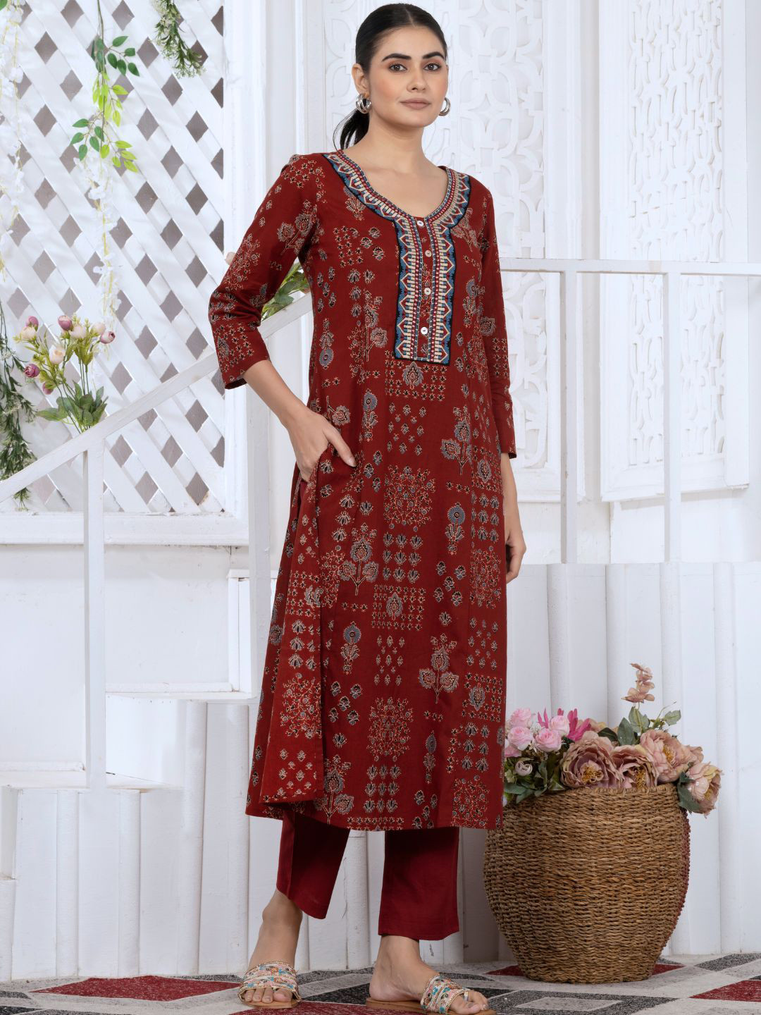 Saffron Threads Women Ethnic Motifs Embroidered Sequinned Block Print Kurta