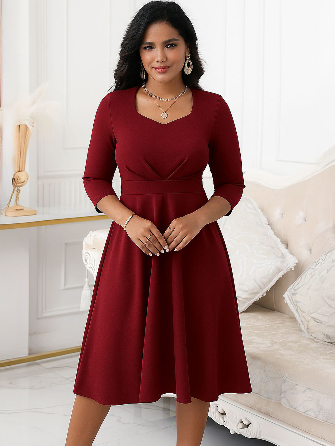 AMEEZA Square Neck Three-Quarter Sleeves Gathered Or Pleated Fit & Flare Midi Dress