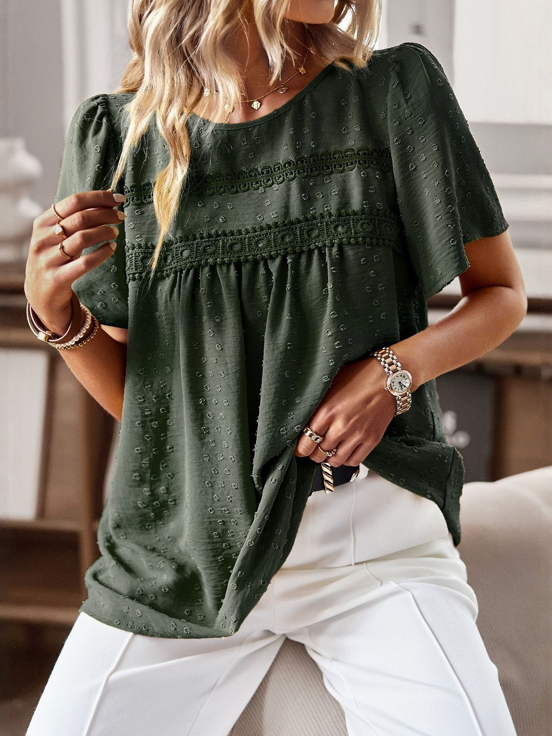 StyleCast Women Self Design Dot Lace Trim Tie-Front Round Neck Flutter Sleeve Top