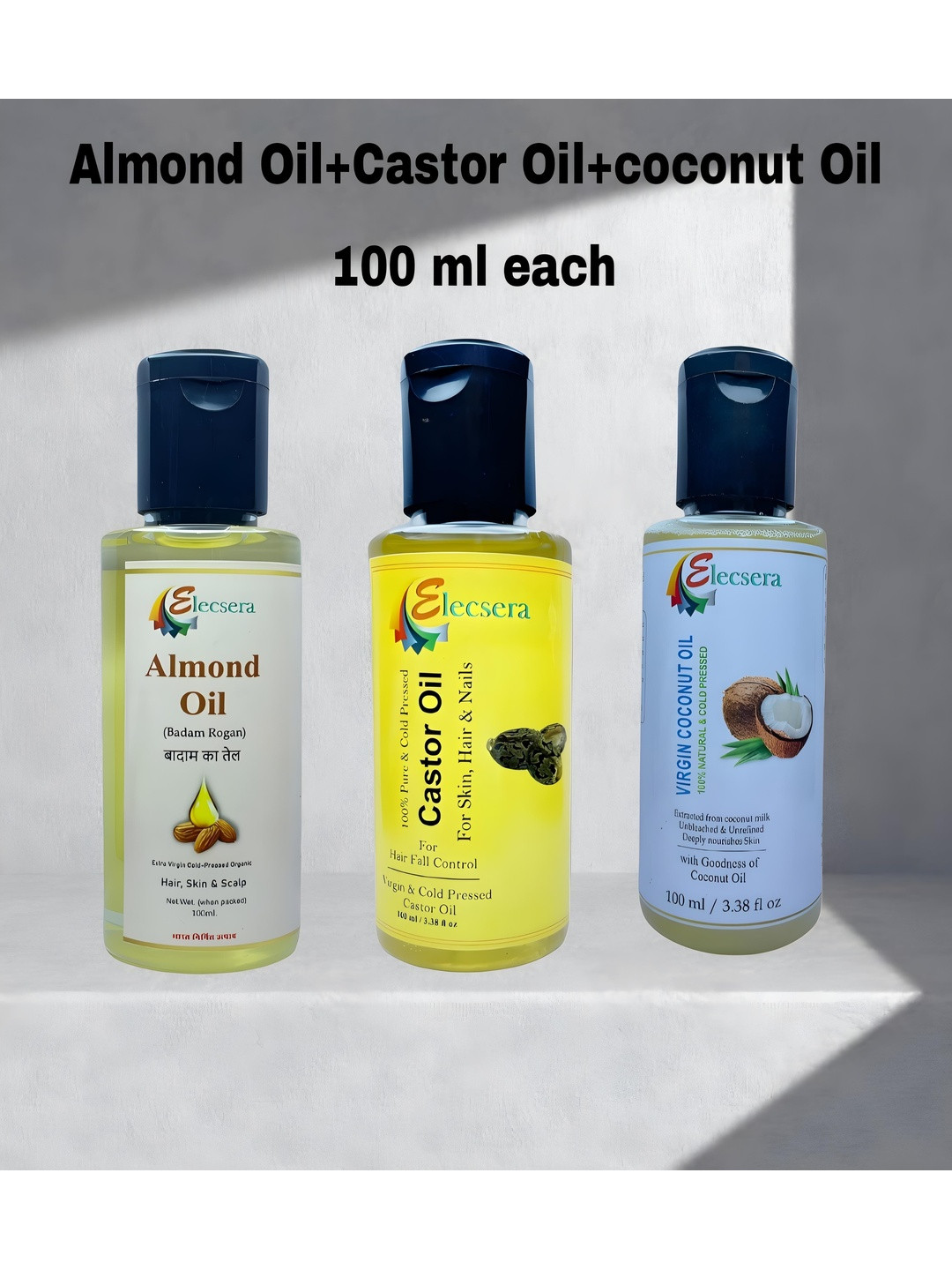 Elecsera Set Of 3 Castor Oil & Coconut Oil & Sweet Almond Oil For Skin & Hair - 100ml Each