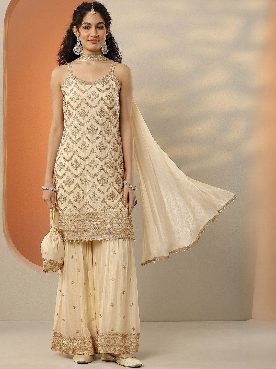 Libas Art Ethnic Motifs Embroidered Thread Work Kurta With Sharara & Dupatta & Potli