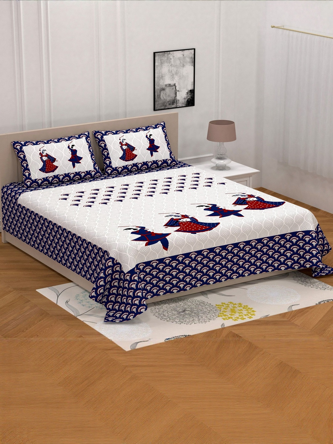 KD PRINTS White Printed King 180 TC Flat Bedsheet With 2 Pillow Covers 85 X 95 Inches