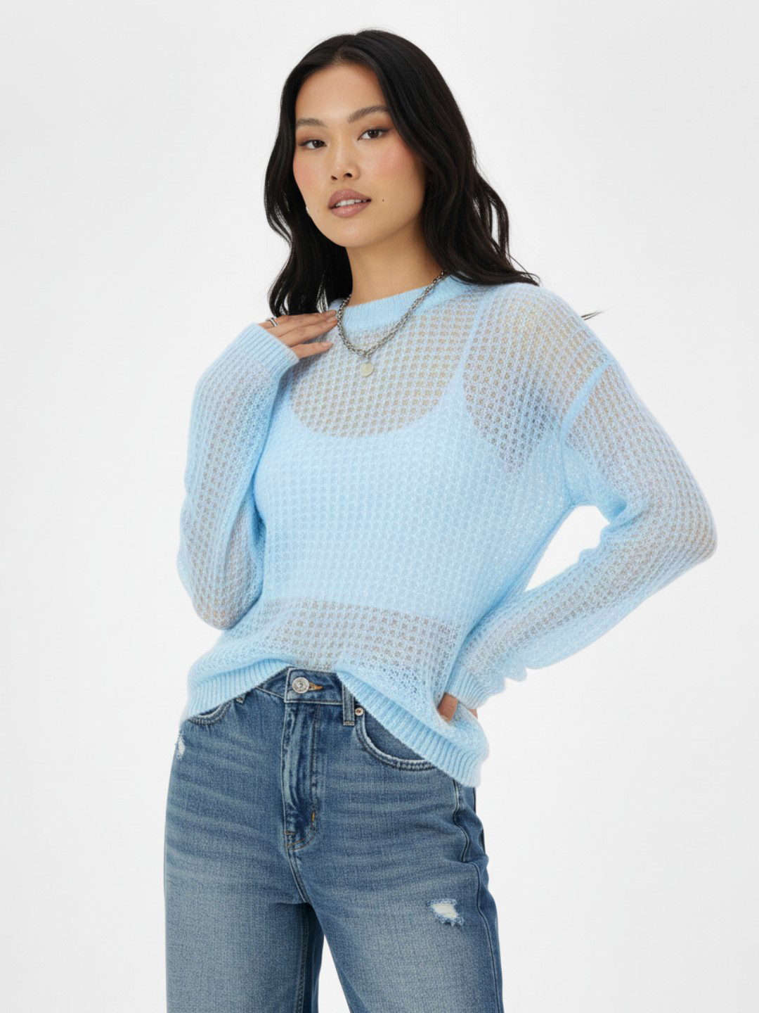 glitchez Open-Knit Sheer Drop-Shoulder Pullover