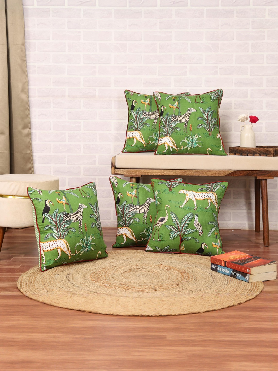DECOWAT Green Embroidered Pure Cotton 5 Pieces Square Pillow Covers