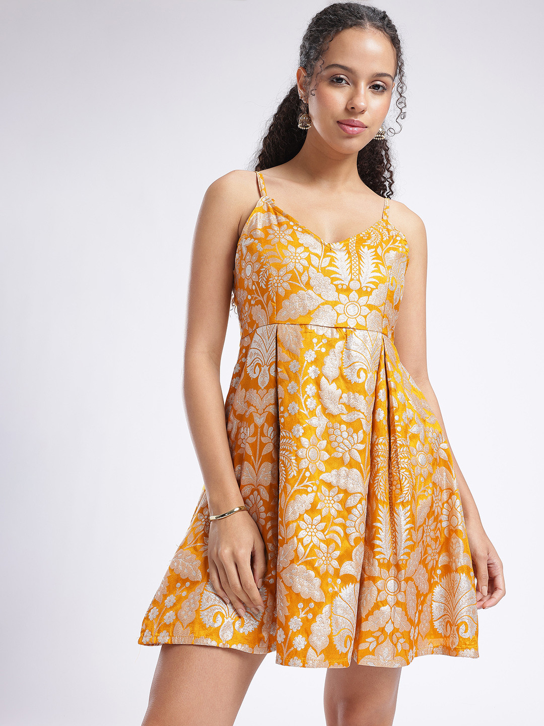 fusion by glitchez Floral Woven Design V-Neck Pleated Fit And Flare Mini Dress