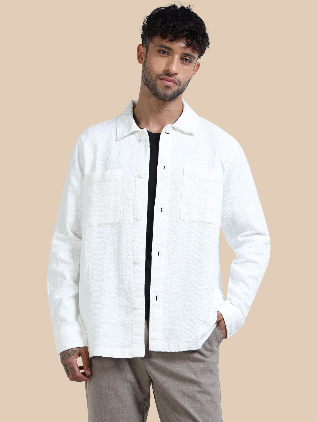 StitchX Men's Full Sleeve Overshirt Dobby Textured Pure Cotton Shacket
