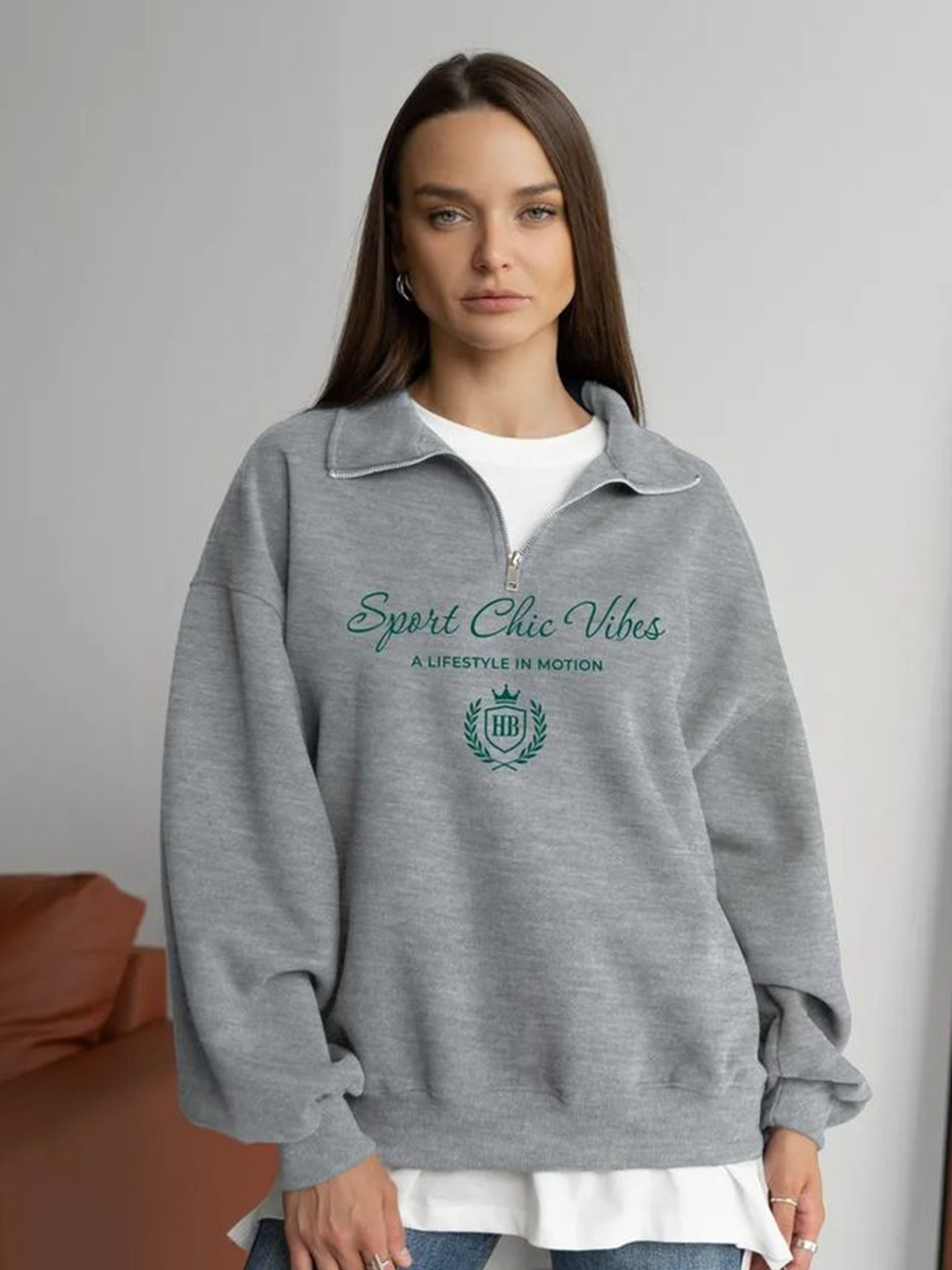 Sport Chic Vibes Typography Mock Collar Sweatshirt