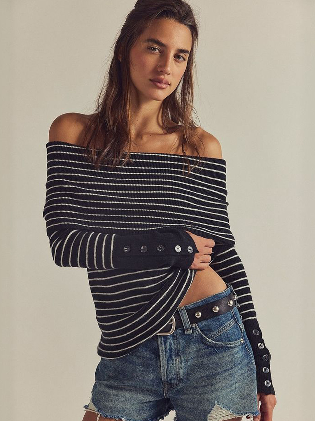 LULU & SKY Striped Off-shoulder Buttoned Sweater