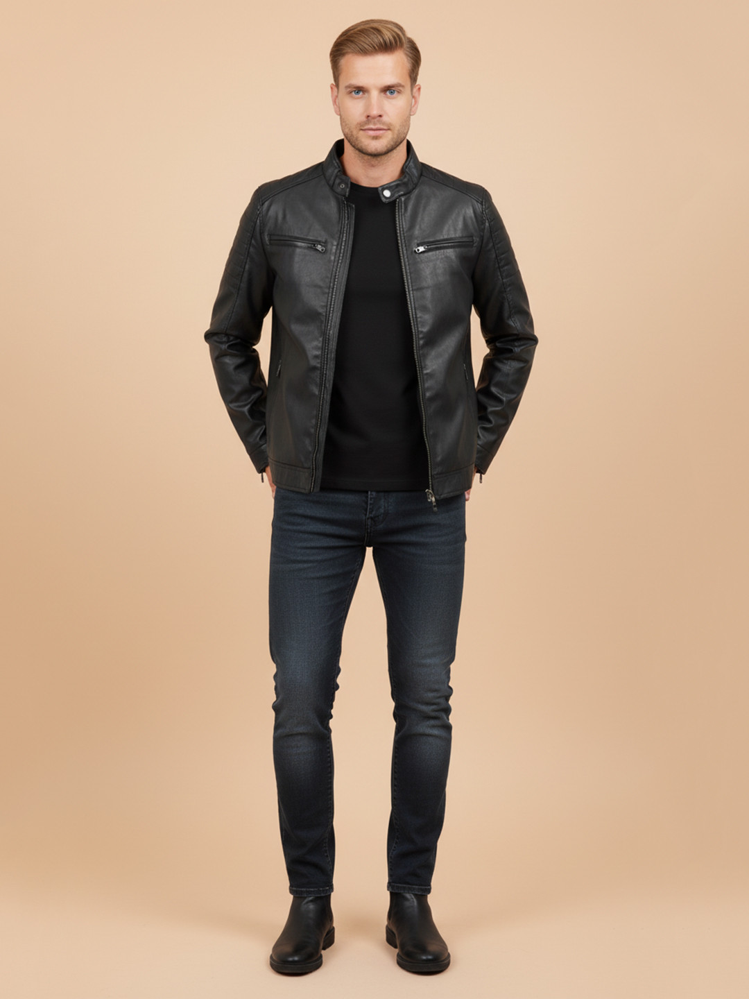 Mast & Harbour Men Biker Jacket with Patchwork