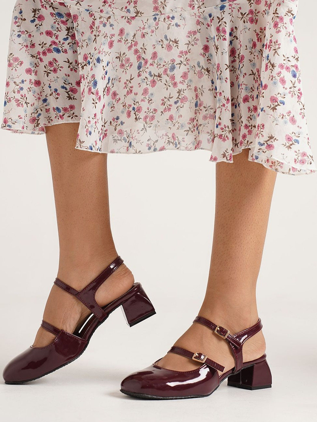 JM Looks Embellished Glossy Double Strap Mary Jane Slingback Block Heels