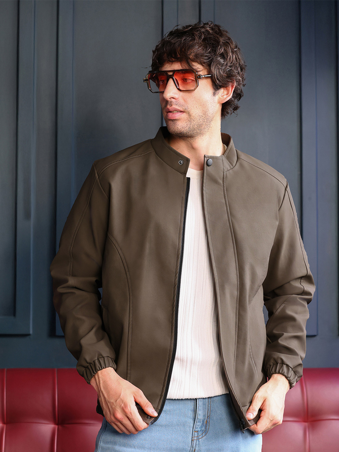 Campus Sutra Spread Collar Leather Lightweight Biker Jacket