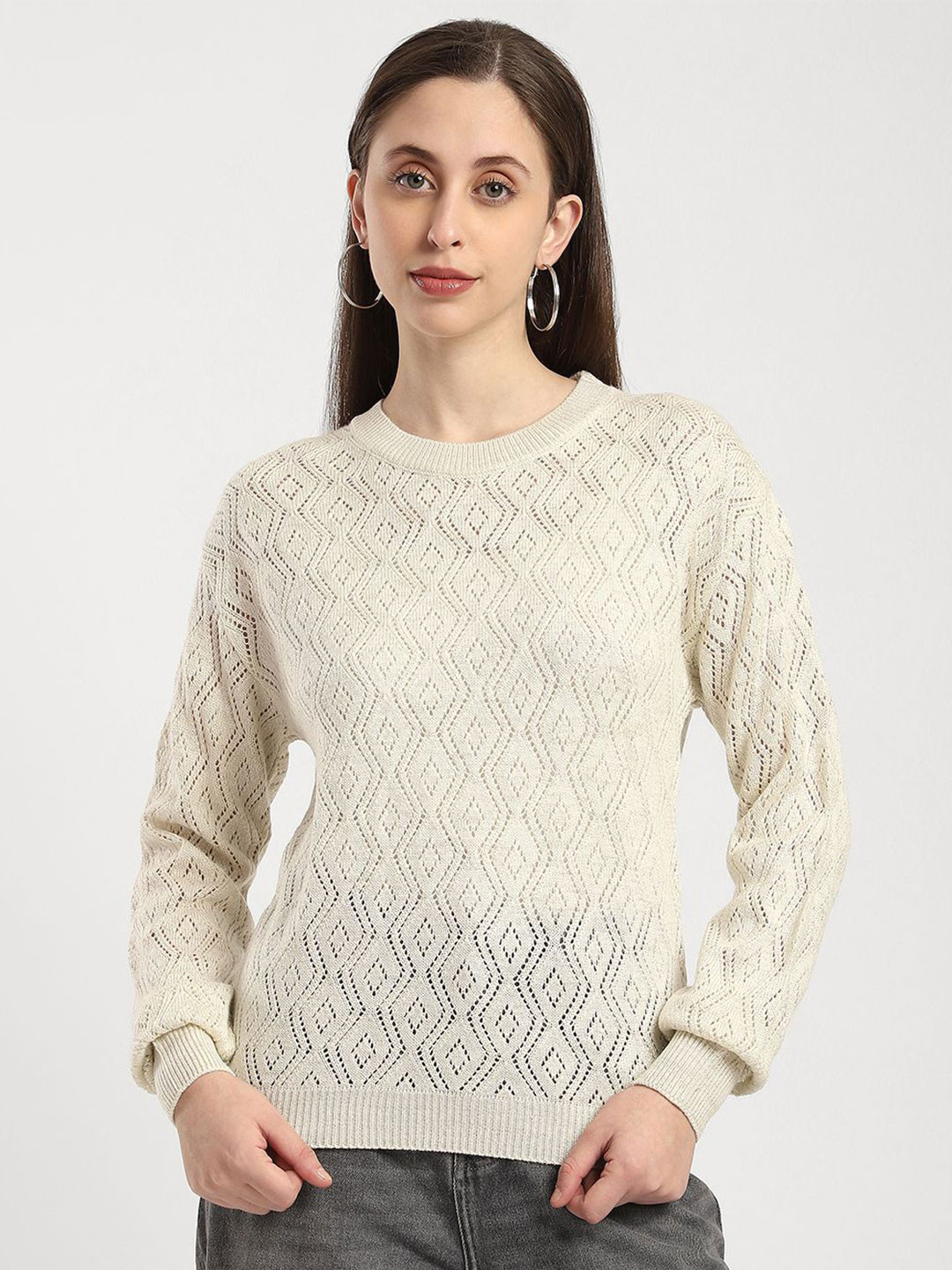 R&B Women Geometric Self Design Round Neck Long Sleeves Regular Pullover Sweater