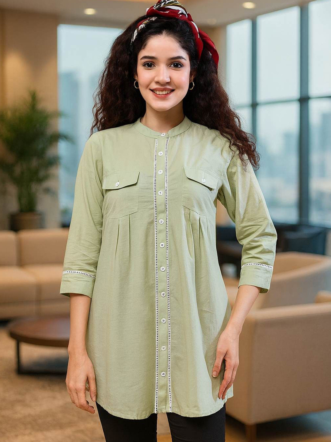 all about you Band Collar Classic Roll-Up Sleeves Chest Pocket Cotton Shirt