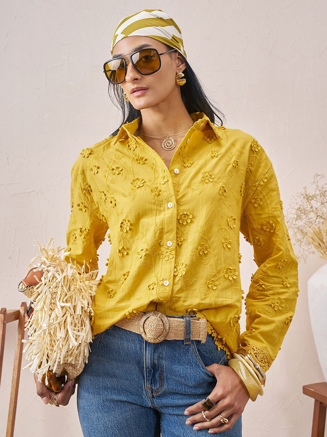 Vara By Vishudh Floral Self Design 3D Embroiderd Spread Collar Long Sleeves Cotton Shirt