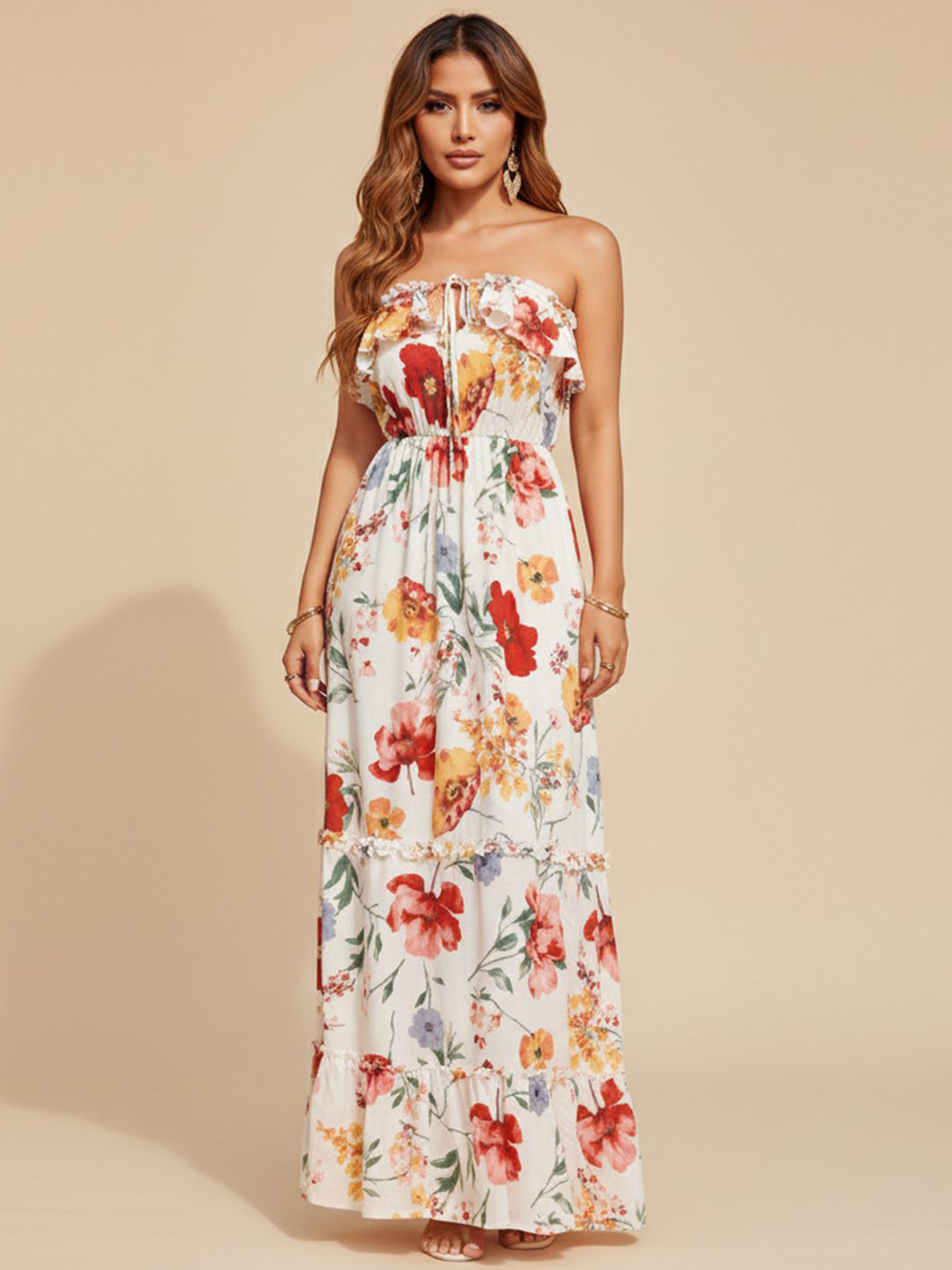bebe Floral Printed Strapless Ruffled Satin Maxi Dress