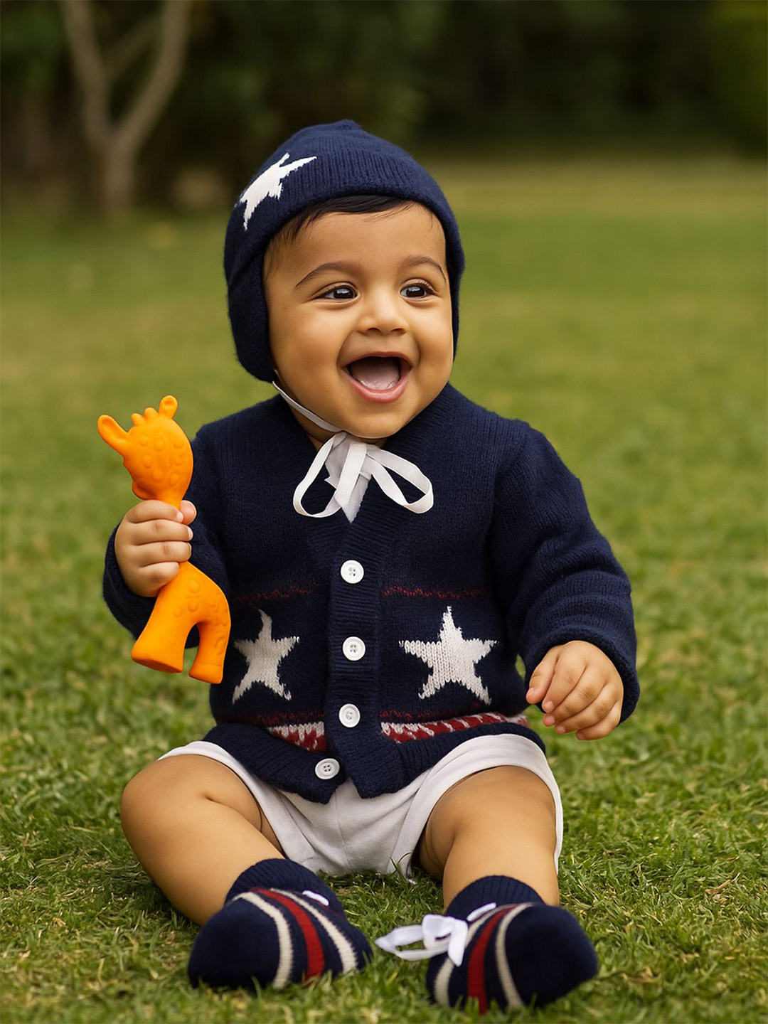 Little Angels Unisex Baby Printed Woollen Cardigan Sweaters With Cap and Socks Set