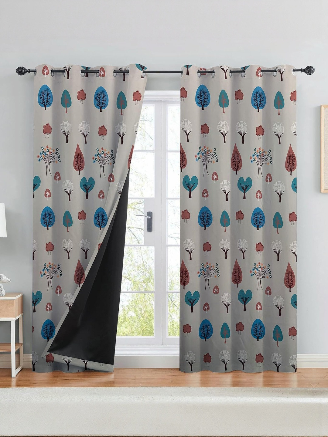 BFAM White & Red Printed Thermal Insulated 2 Pieces Door Black Out Eyelet Curtains