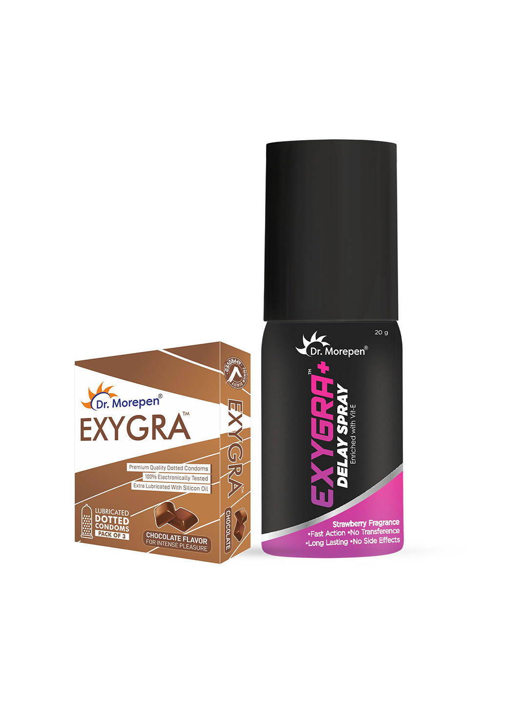 Dr. Morepen Exygra Set of 12 Lubricated Dotted Condoms & Strawberry Delay Spray 20g