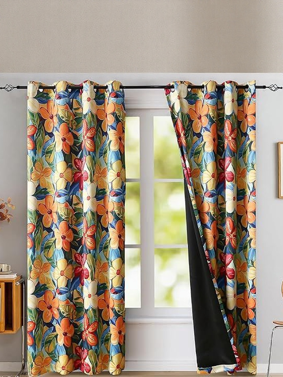 BFAM Orange Floral Printed Thermal Insulated 2 Pieces Window Black Out Eyelet Curtains