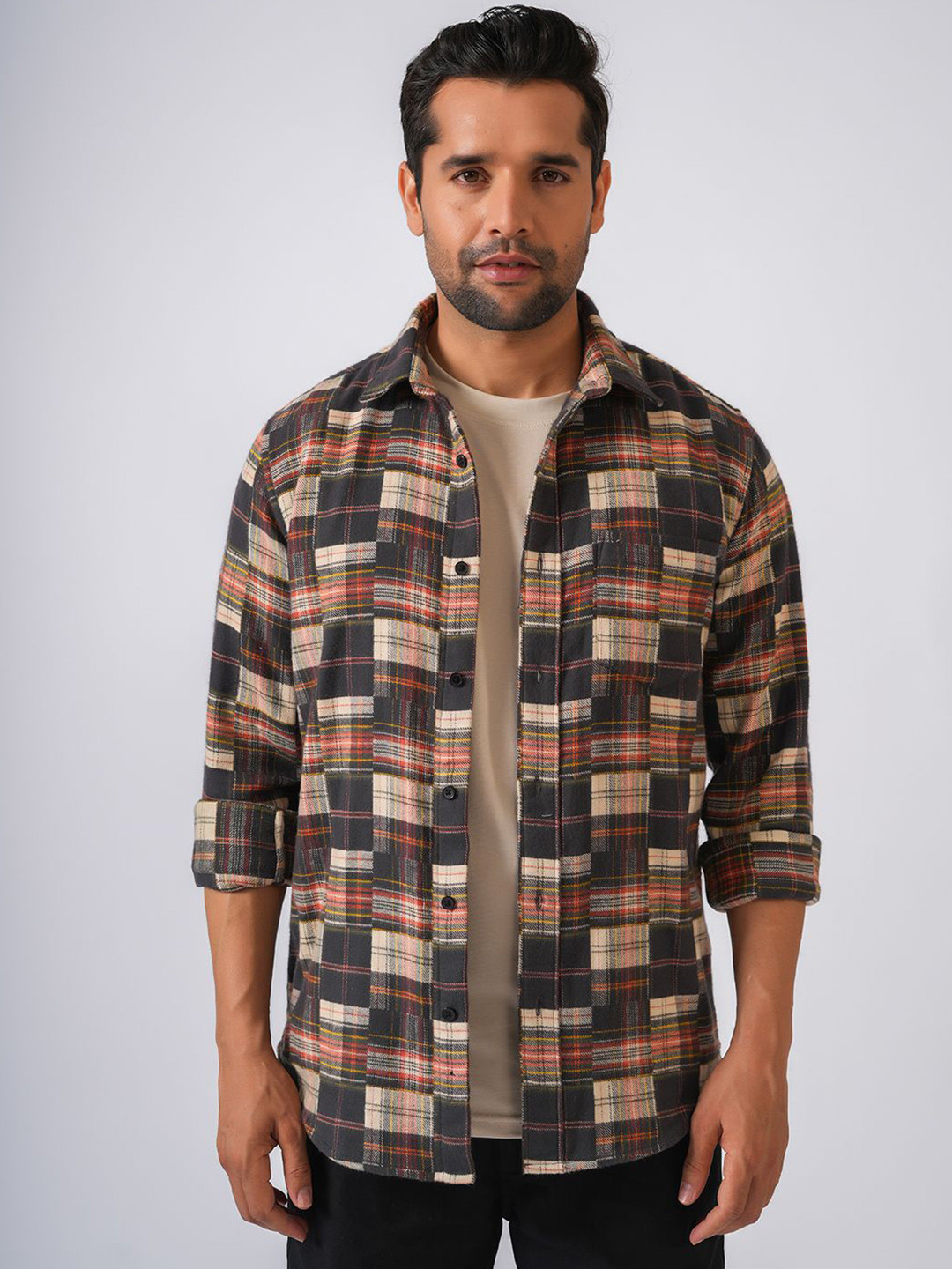 PERCH Slim Fit Checked Long Sleeves Flannel Cotton Shirt