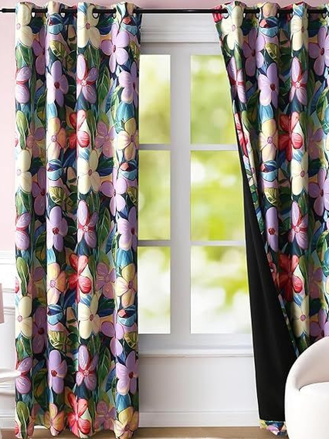 BFAM Purple & Blue Floral Thermal Insulated 2 Pieces Long Door Black Out Eyelet Curtains