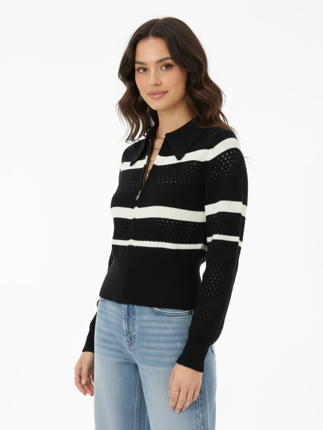 glitchez Open Knit Striped Zip Closure Cardigan