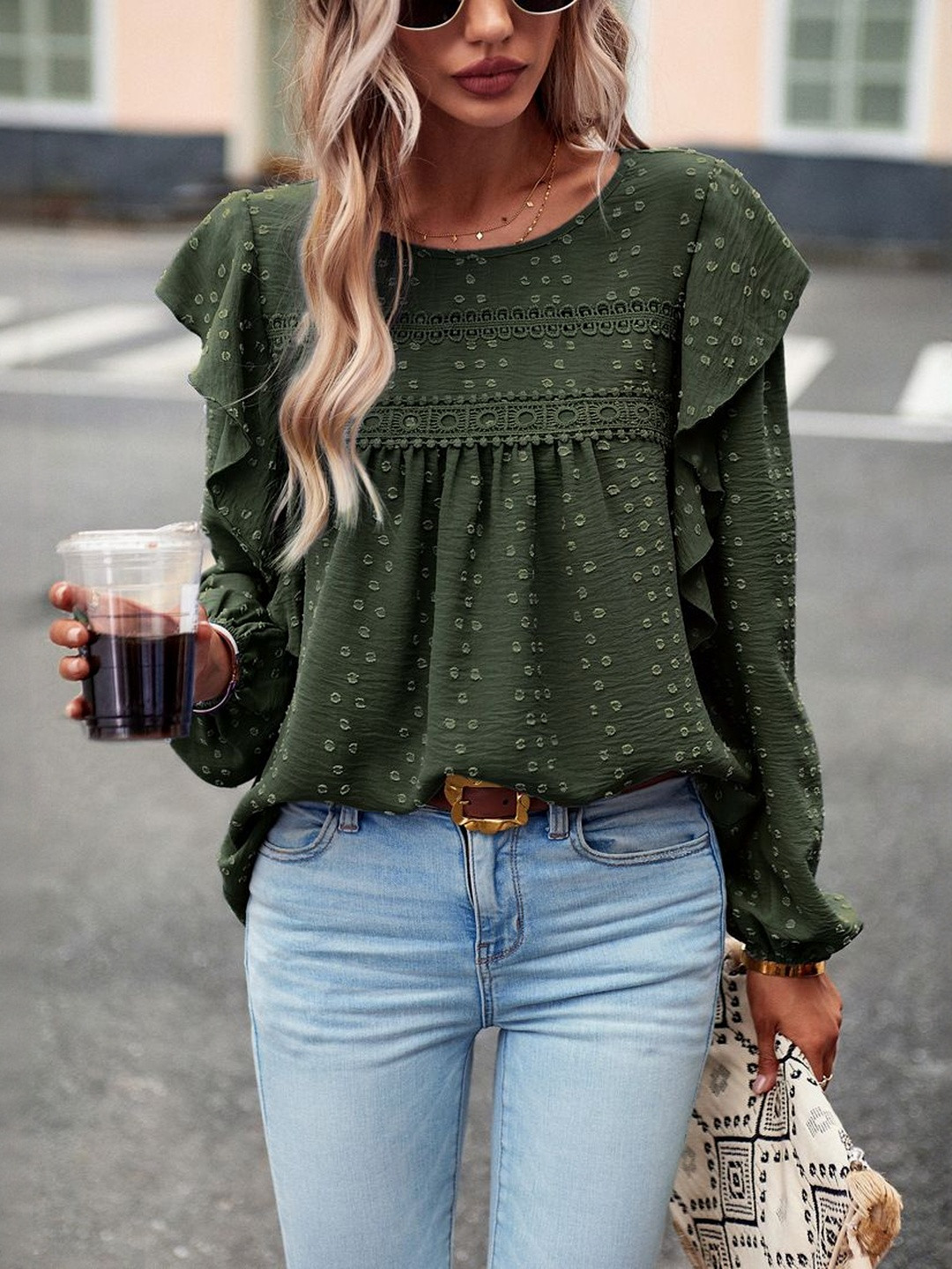 StyleCast Flutter Sleeve Blouse With Ruffle And Lace Detail Top