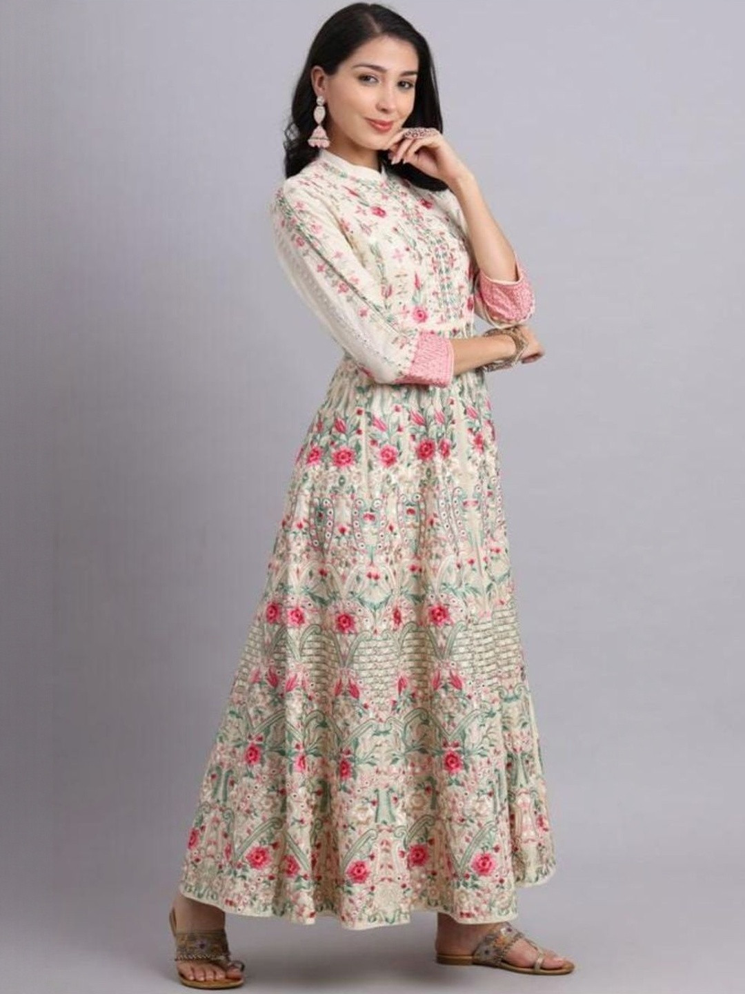 Shadowenterpris Women Floral Embroidered Cotton Fit & Flare Maxi Ethnic Dress
