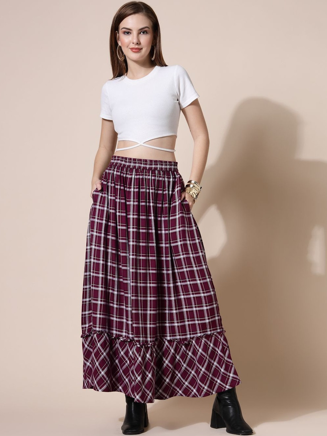 Nomad Lifestyle Checked Tiered A -Line Maxi Skirt
