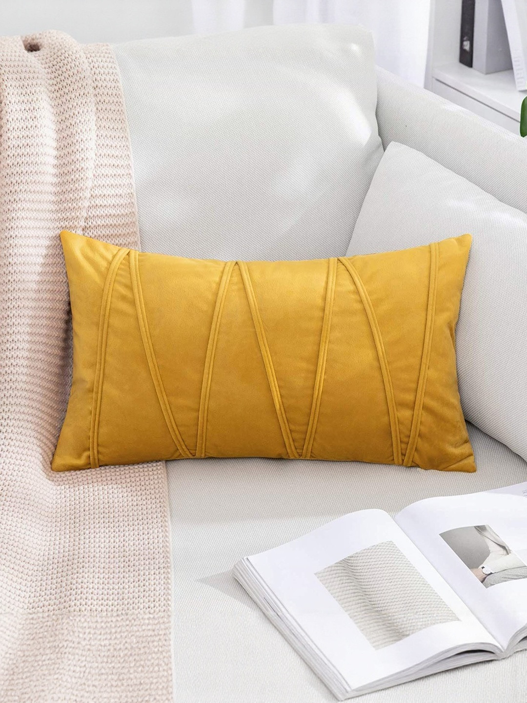 Khooti Gold-Toned Self Design Velvet Breathable Rectangle Cushion Cover 17 x 27 Inch