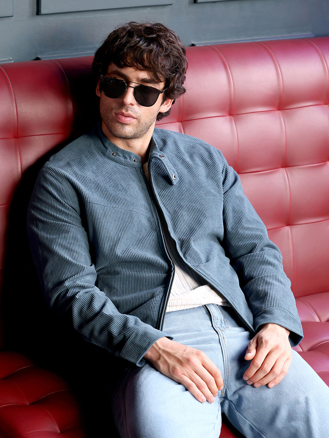 Campus Sutra Spread Collar Corduroy Lightweight Biker Jacket With Patchwork